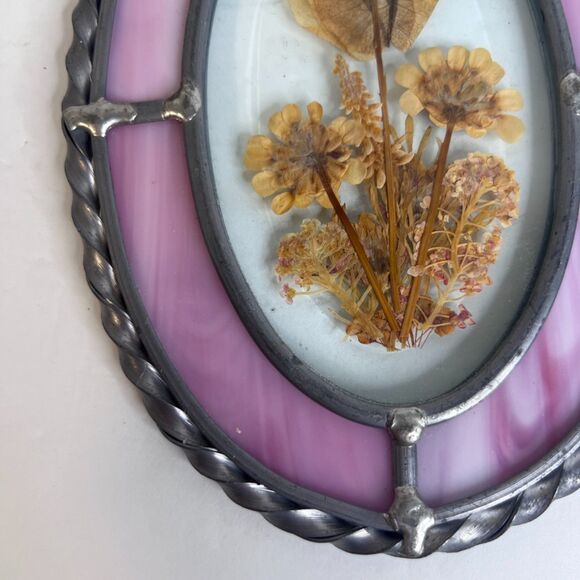 Pressed Dried Flowers in Silver Twisted Metal Frame Oval Colored Glass Boho - Picture 4 of 5
